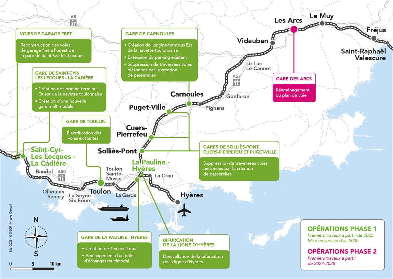 Carte décrivant les aménagements dans le Var, pour le RER Toulonnais.