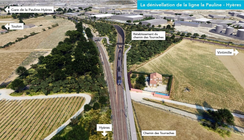 Travaux Ligne Nouvelle Provence Côte d'Azur. Vue de la dénivellation de la ligne La Pauline-Hyères.