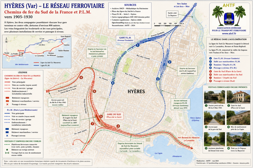 Carte du train du littoral varois et du réseau ferroviaire de Hyères entre 1905 et 1930.