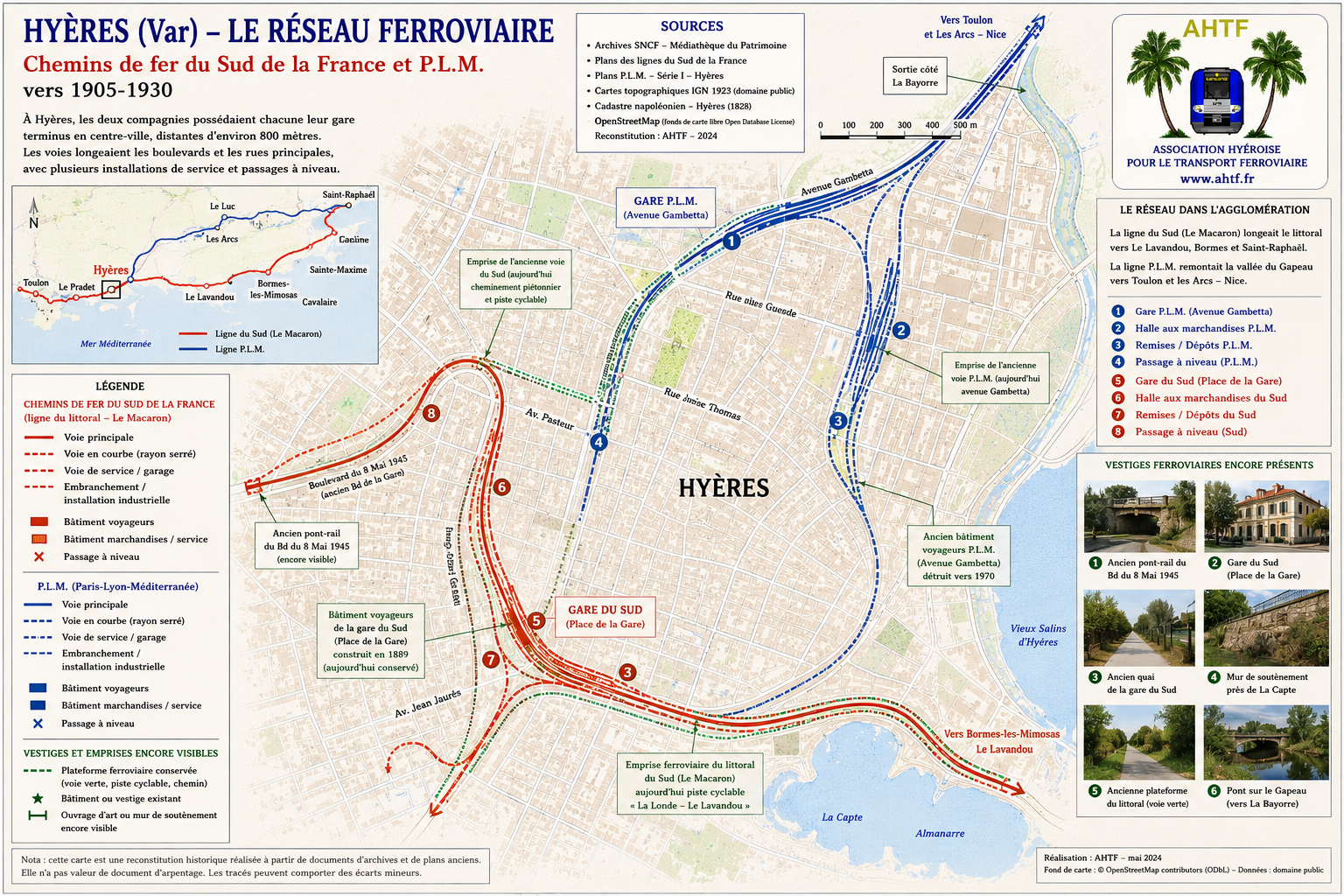 Carte du train du littoral varois et du réseau ferroviaire de Hyères entre 1905 et 1930.